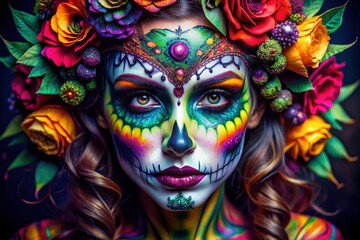 Vibrant close-up of a creative scary makeup design, featuring bold colors and intricate details, capturing the essence of Halloween carnival fashion and creativity.