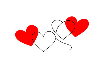 Two hearts icon made from one continuous line and red heart spotted. Hand drawing love symbol.