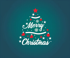Greeting card concept with the words Merry Christmas. Abstract Christmas tree shape arranged with festive symbols