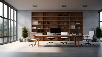 Stylish office with wooden bookshelves and large windows