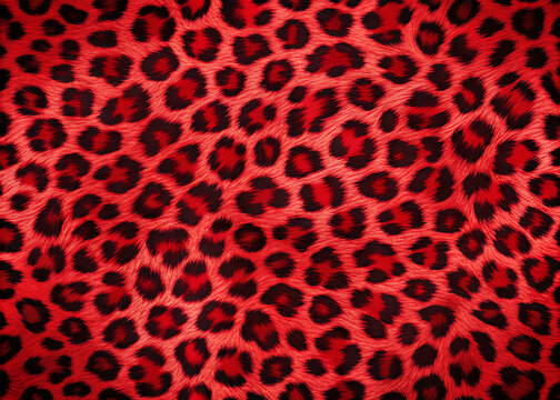 Vibrant red leopard print background with intricate fur pattern, subtle texture, and dramatic contrast, ideal for stylish and bold graphic design projects.