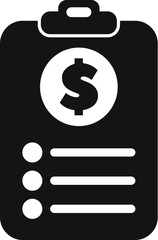 Black and white icon of a clipboard displaying a financial budget with a dollar symbol