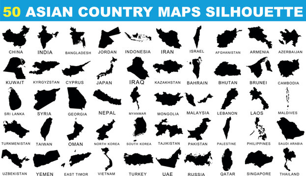 Asian country map silhouette vector set, black geographic borders, 50 countries, China, India, Japan, Iran, Israel, Saudi Arabia, political maps isolated design illustration