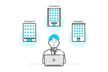 ノートパソコンで会社選びをする男性