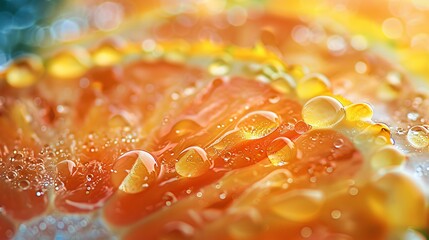 an artistic depiction of oil droplets on water, enriched by pineapple slices, presenting a lively and colorful abstract background.
