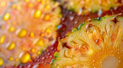 an artistic depiction of oil droplets on water, enriched by pineapple slices, presenting a lively and colorful abstract background.