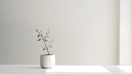 Simple white vase with branches on a minimalist shelf