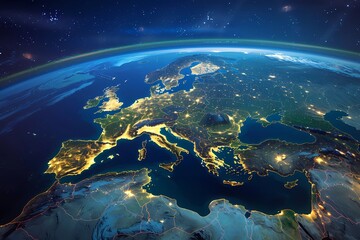 Spectacular view of Europe at night with city lights glowing and a star-filled sky from space. Space exploration concept