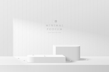 3D white round product podium background with white wall square tile. Abstract composition minimalist design. 3D studio display showroom cosmetic product pedestal, Fashion stage showcase mockup scene.