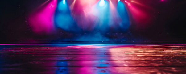 A captivating theater stage is set with dramatic lighting and vibrant colors, creating a mesmerizing atmosphere. The stage is ready for a performance, with spotlights illuminating the scene.
