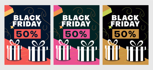 Black Friday sale banner design template featuring a set of posters, flyers, brochures, and cards in vector illustration format, ideal for promoting sales and discounts during the holiday shopping