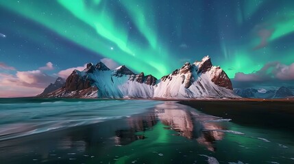 Amazing view of green aurora borealis shining in night sky over snowy mountain ridge with black sand stockness beach and vestrahorn mountain in background in iceland. 