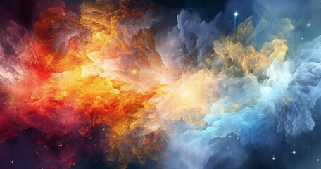 a colorful space filled with clouds and stars in the sky with a bright orange and blue cloud formation in the center