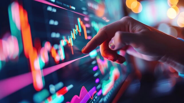 Investor analyzing stock market data on a futuristic interface, financial forecasting, market trends