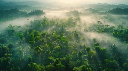 Beautiful Aerial view of misty tropical forest in morning Nature background