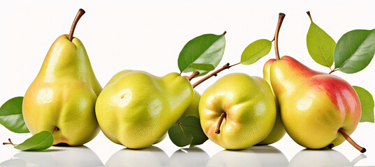 A picturesque display of ripe pears enhanced by the natural beauty of fresh green leaves
