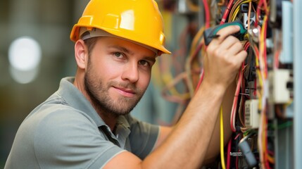 Electrician in a yellow hardhat works on a complex electrical panel, focusing on his task while looking directly at the camera