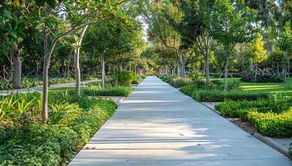 Obraz premium Pathway lined with concrete and greenery, urban park, peaceful walkway