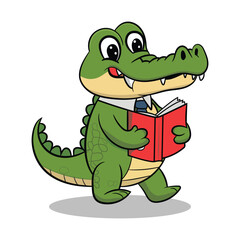 Hand-drawn crocodile cartoon illustration design carrying a book wearing a tie
