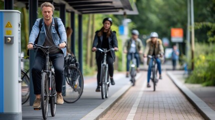 Commuters using a bike-sharing station, highlighting the role of cycling in sustainable urban transportation networks