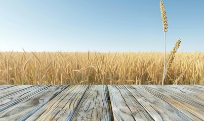 An empty wooden table top set against a golden wheat field under a clear blue sky
