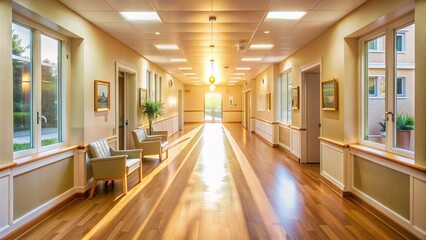 A sterile and well-maintained nursing home corridor bathed in warm bright light, evoking feelings of comfort and reassurance, with gleaming floors and tidy surroundings.