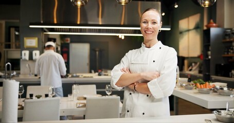 Woman, sous chef and portrait in kitchen or restaurant, happy and smile in food business with...