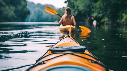 Friends kayaking on a calm river, paddling together and appreciating the tranquility and beauty of a summer day