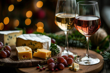 Holiday Wine and Cheese. An assortment of cheeses and glasses of red and white wine