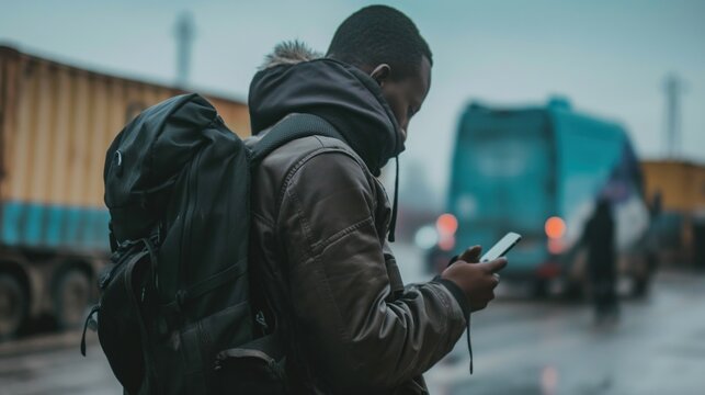 Migrant using a mobile phone, representing the vital role of technology in staying connected with family and accessing information