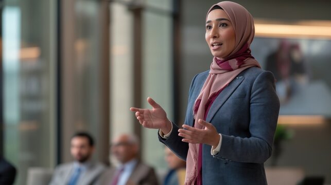 Muslim businesswoman gives a presentation in a modern office, confidently addressing her colleagues The scene reflects professionalism and the breaking of stereotypes - Powered by Adobe