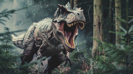 roaring dinosaur in the forest isolated with grey background  