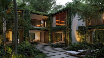 A modern tropical house with large windows and an expansive patio. Lush greenery covers the walls and roof, while a stone pathway leads to lounge chairs