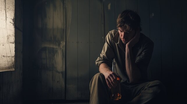 Young man sitting alone in a dark room, holding a bottle of alcohol, representing the struggle and isolation of alcoholism