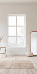 Fototapeta premium Interior design living room composition with a mirror, a large window and minimal furniture. Apartment interiors with plain lighting and copy space.