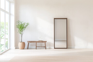 Fototapeta premium Interior design living room composition with a mirror, a large window and minimal furniture. Apartment interiors with plain lighting and copy space.