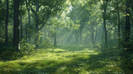 Obraz premium Peaceful forest: lush woodland landscape with plenty of copy space, great for nature-inspired projects