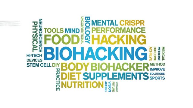 Biohacking animated word cloud;text design animation tag kinetic typography seamless loop.