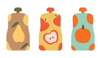 Fruit puree packaging set. Sachet Bag or Pouch, baby feeding. Isolated vector illustration for your design.