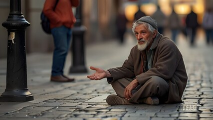 Homeless. Unhappy homeless man asking help for food donation from the people.

