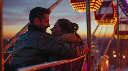 Fototapeta na wymiar Romantic couple enjoying sunset on a Ferris wheel ride at an amusement park. Warm and cozy atmosphere on a magical evening.