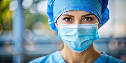 Woman wearing surgical mask and blue scrub hat.
