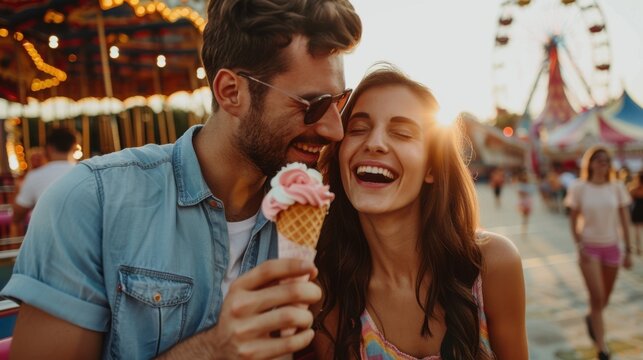 Happy couple enjoying an ice cream at a carnival, sharing a joyful moment under the sunset with a ferris wheel in the background.