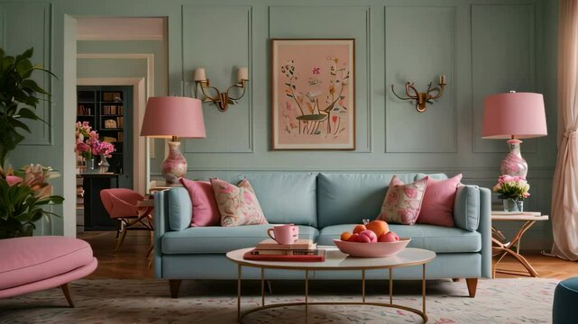 Video animation of elegantly decorated living room with a cohesive pastel color scheme. features a light blue sofa adorned with pink and white cushions