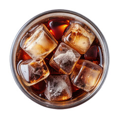 Glass of cola with ice cube top view isolated on transparent background