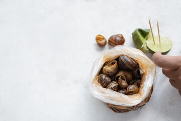 Delicious edible snails in red marinade in a plastic bag, with green lemons with toothpicks, typical food from a local exotic and cultural food market