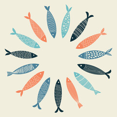 Abstract and modern fish model in circular or ball shape. Vector illustration for logos, cards, prints, patterns, wallpaper.eps