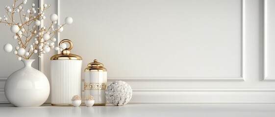 Elegant minimalist home decor setting with white and gold accents, including vases and ornaments, on a white background with paneling.