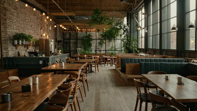 Video animation of interior of a spacious restaurant with a modern and rustic aesthetic. Wooden tables, pendant lighting, exposed brick walls