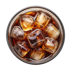 Glass of cola with ice cube top view isolated on transparent background